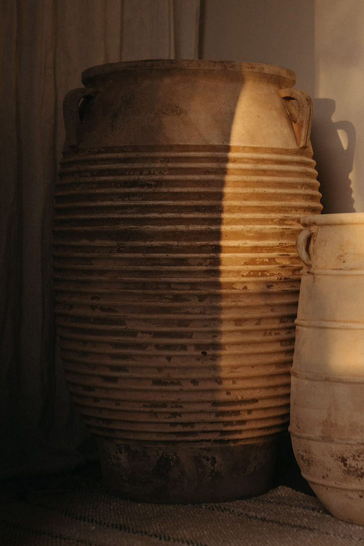 Antique Terracotta Ribbed Tall Urn