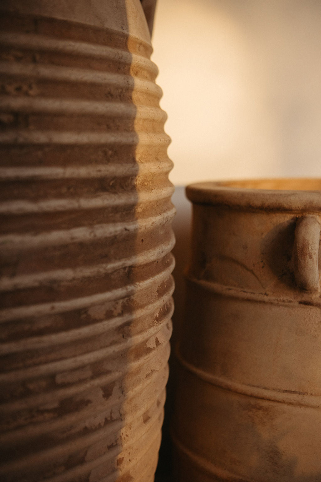 Antique Terracotta Ribbed Tall Urn